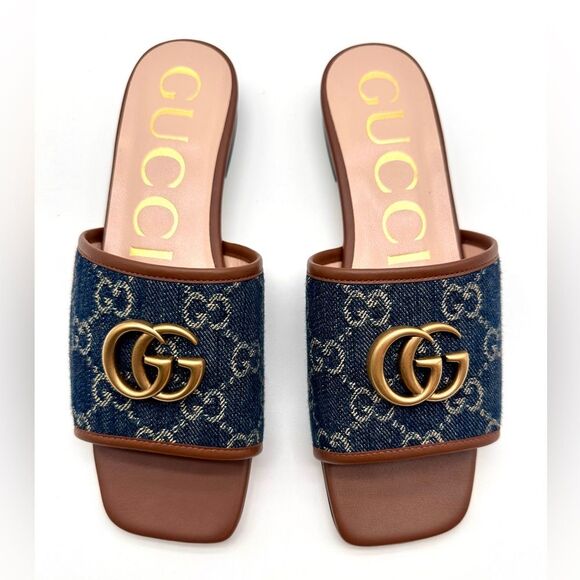 Gucci Jolie Denim Marmont GG Monogram Miro Calfskin Slide Sandals EU 36.5 - Picture 3 of 9
